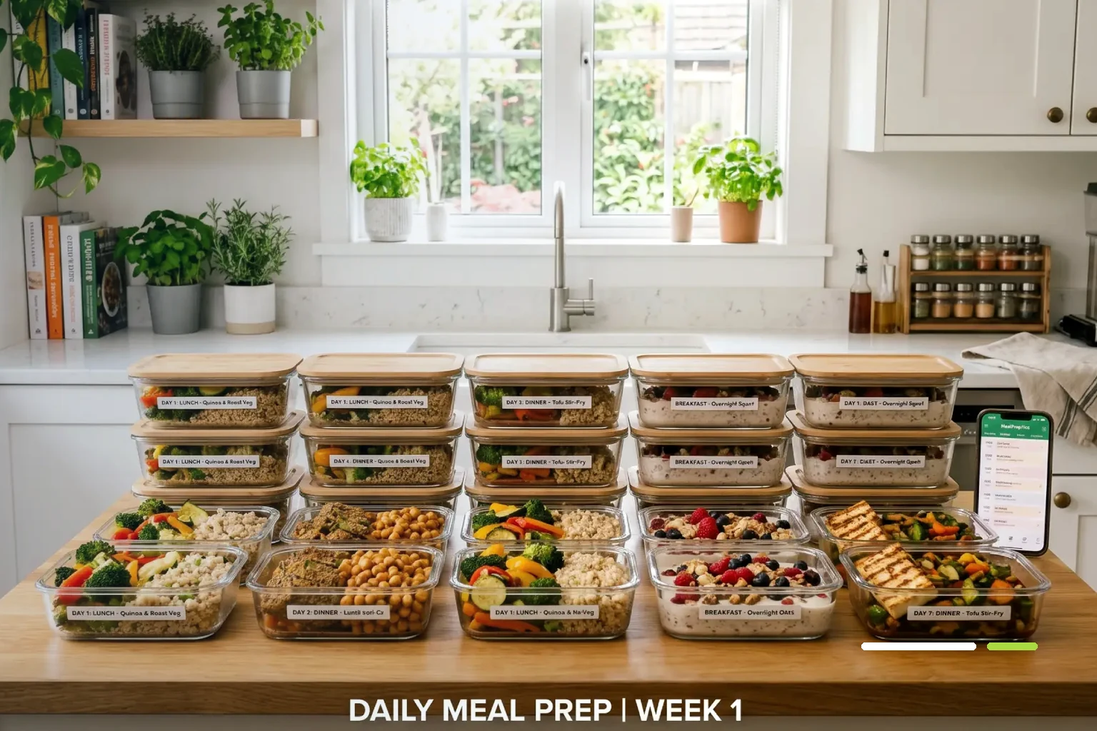 Meal Prep für mehrere Tage vorbereiten Vorbereitete Meal-Prep-Behälter mit unterschiedlichen Mahlzeiten in einer hellen Küche