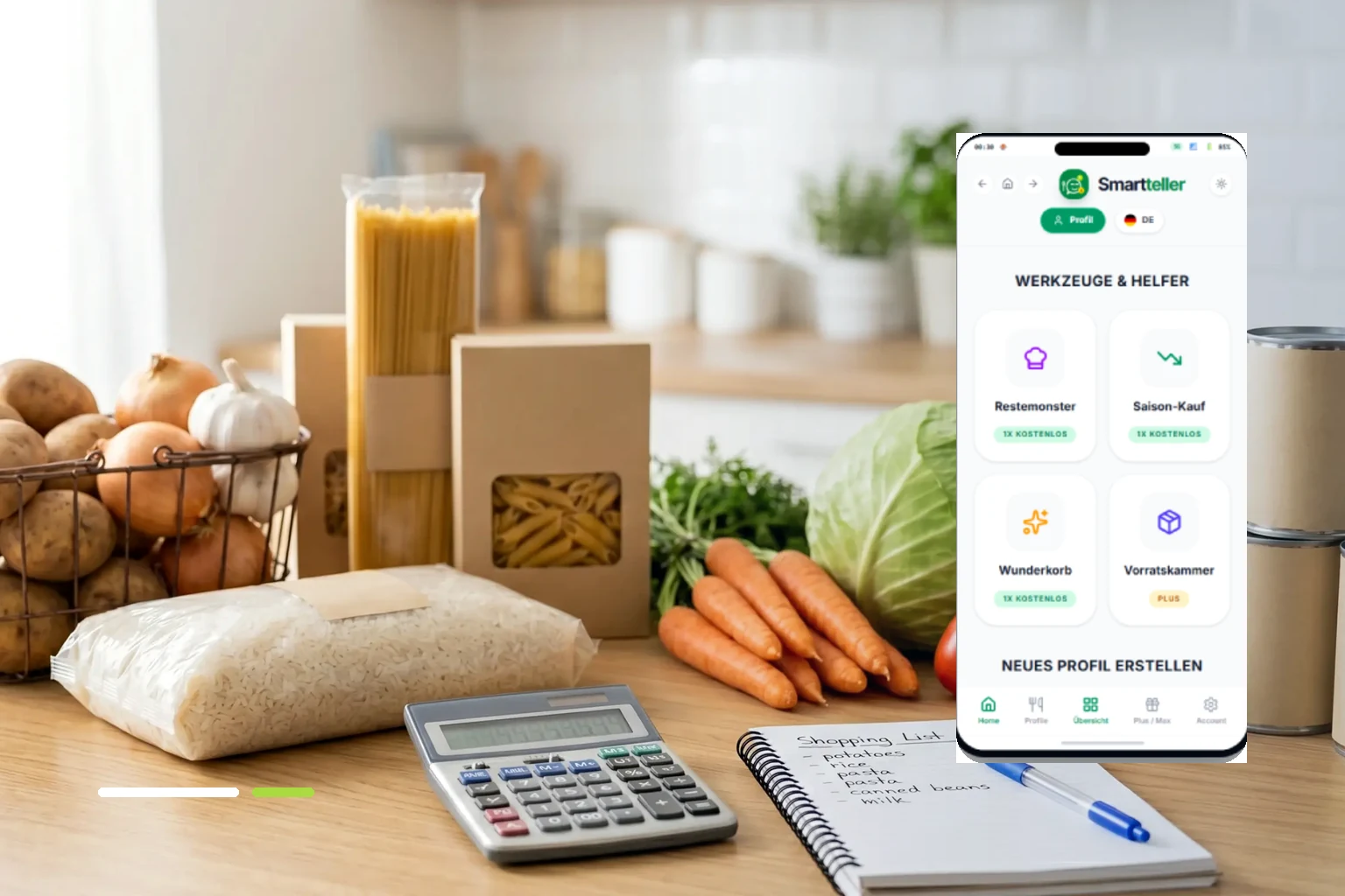 Budgetplanung mit mehreren Wochenabschnitten, Lebensmitteln und digitaler Kostenübersicht