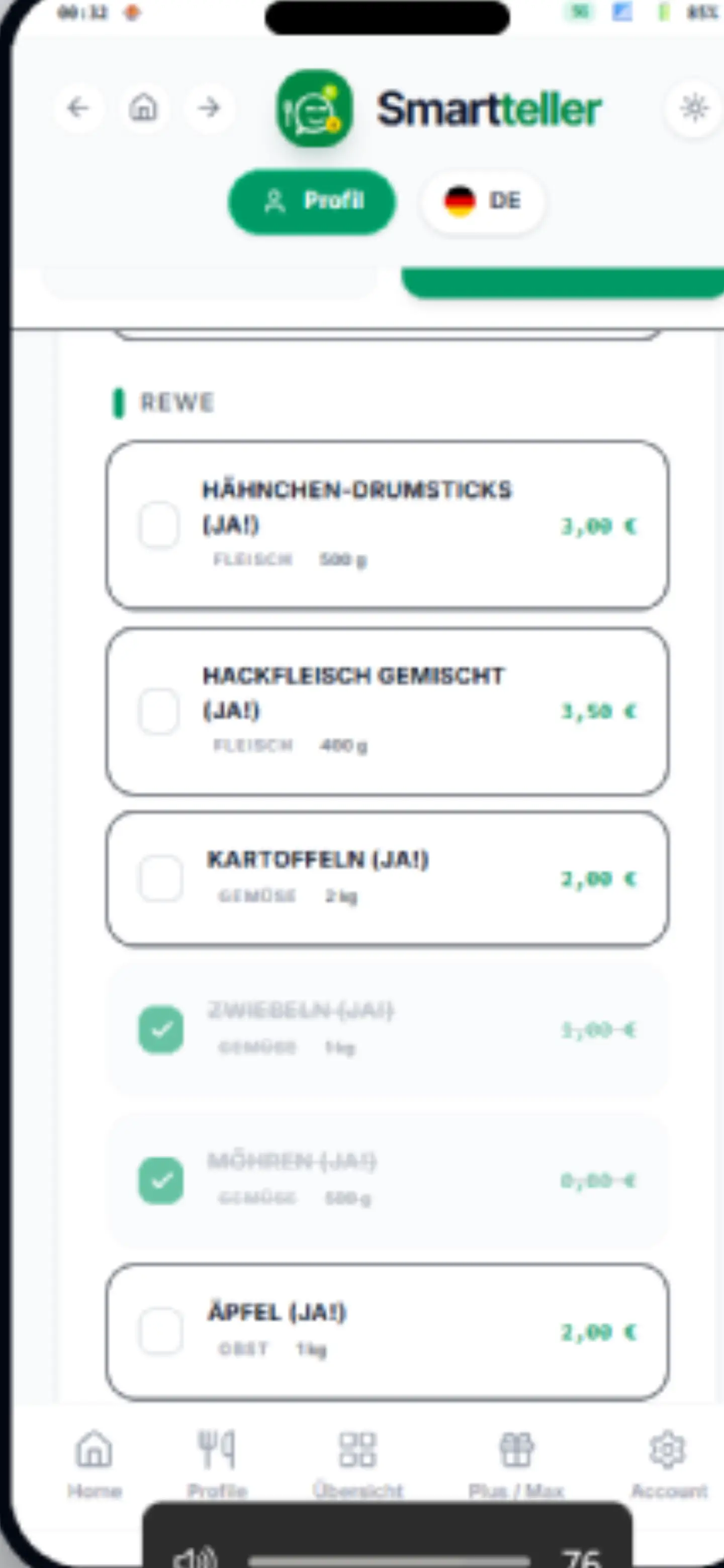Automatisch erstellte Einkaufsliste in Smartteller