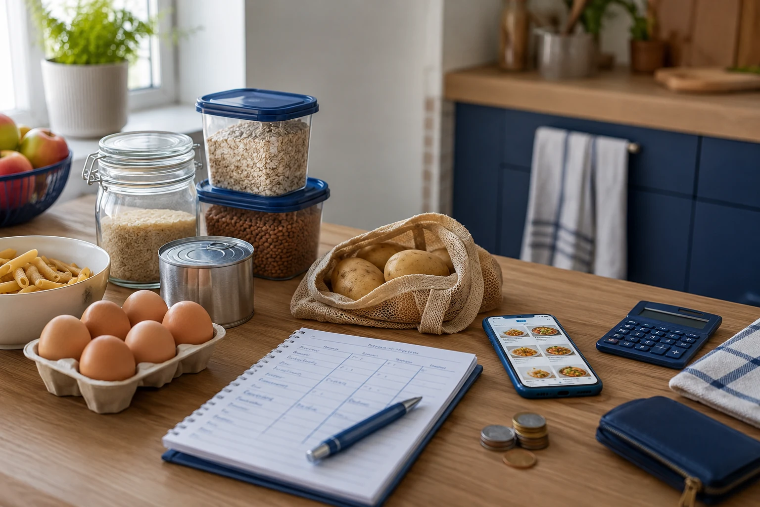 Lebensmittelbudget mit Grundzutaten, Planer und Taschenrechner