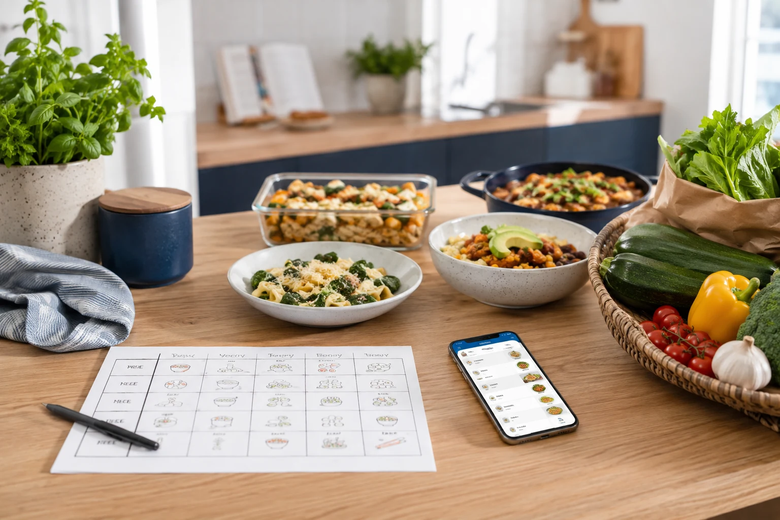 Essensplanung wird übersichtlicher, wenn Termine, Vorräte und Einkauf zusammen gedacht werden. Wochenplan mit vorbereiteten Mahlzeiten und Smartphone