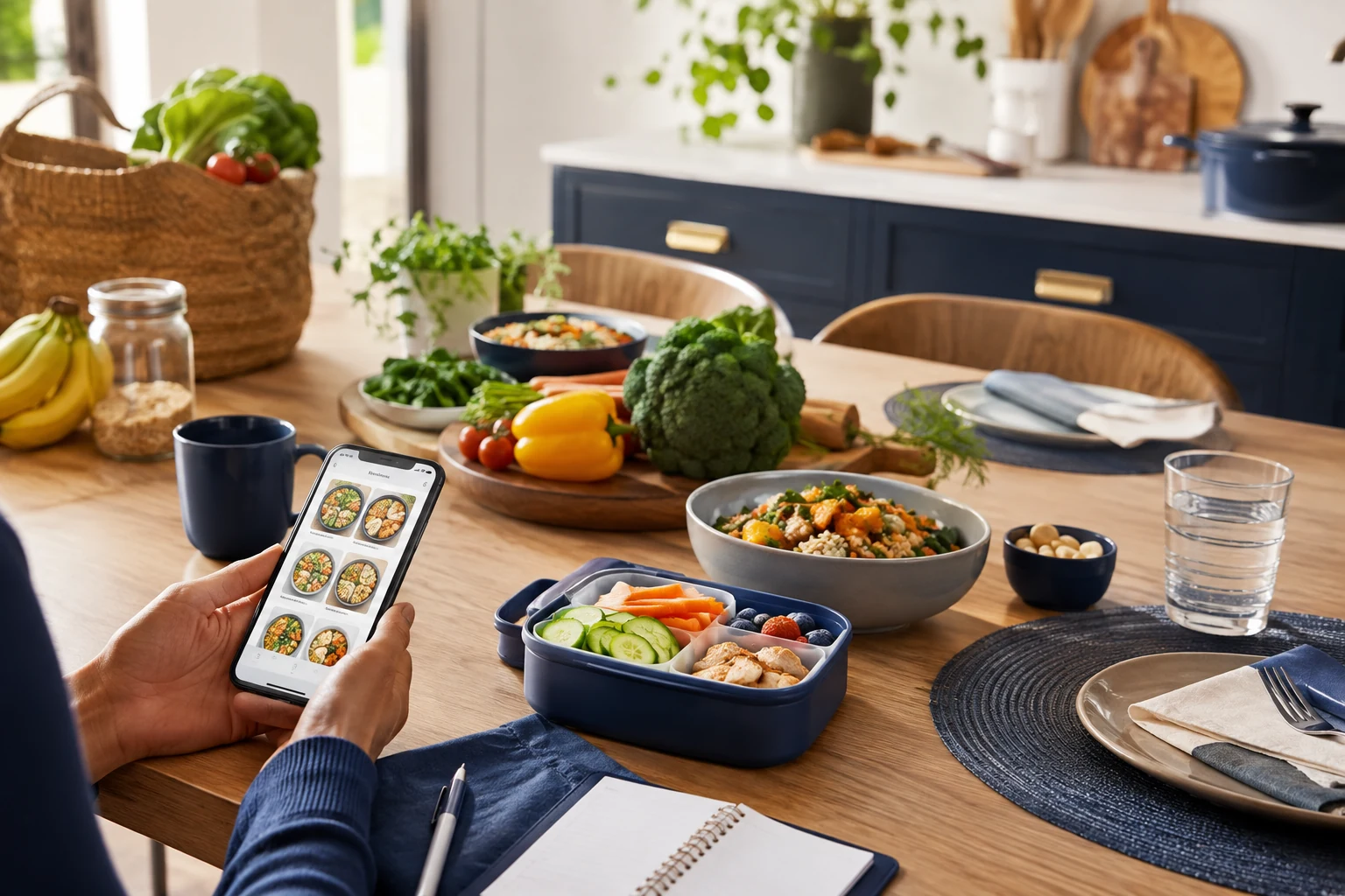 Familientisch mit Lunchbox, Gemüse und digitaler Essensplanung